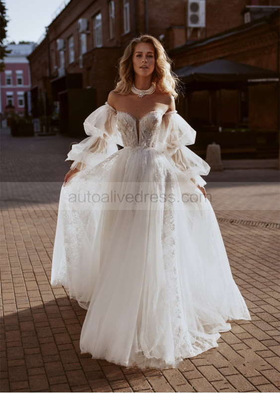 Ivory Beaded Lace Wedding Dress With Tulle Skirt